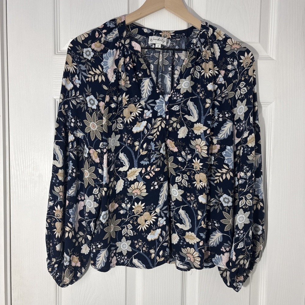 Womens Dark Blue Floral Long Balloon Sleeve Lightweight V-Neck Top Blouse Small